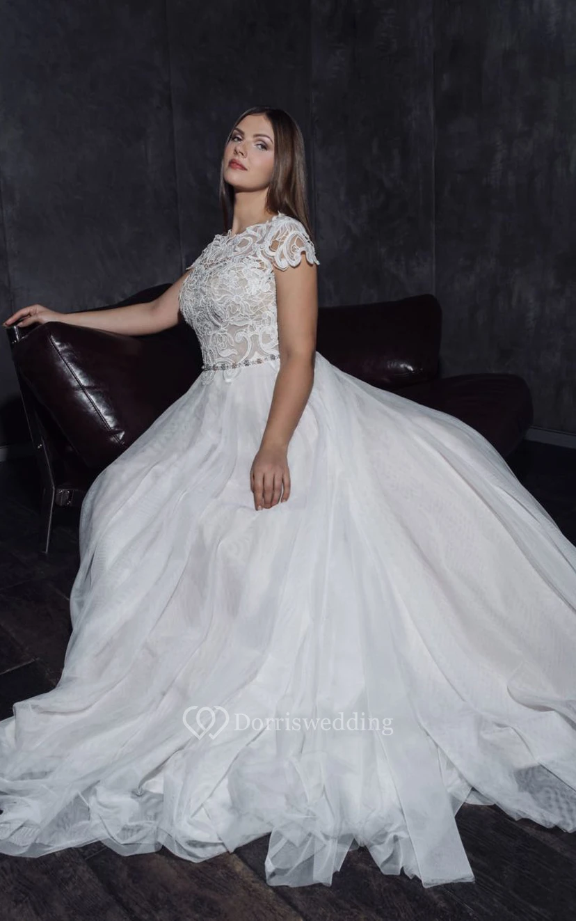 Elegantes, ärmelloses Tüll-Brautkleid in A-Linie mit Falten und Spitzenoberteil in Übergröße view 4