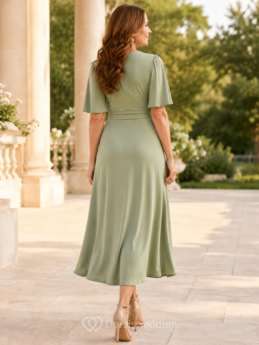 Romantisches, wadenlanges A-Linien-Wickelkleid in Salbeigrün mit V-Ausschnitt, flatternden Ärmeln und weichem Taillengürtel – perfekt für die Mutter der Braut. view 2