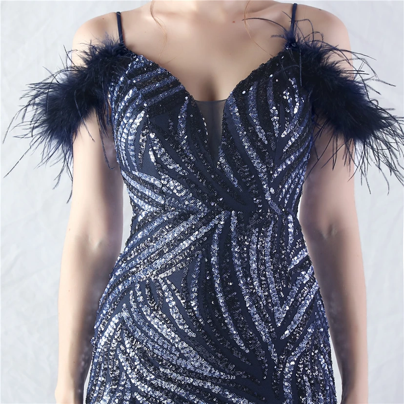 Crafted Ostrich Feather Stacked Sequins Splicing Mesh Gauze High-End Evening Dress Clothes view 48