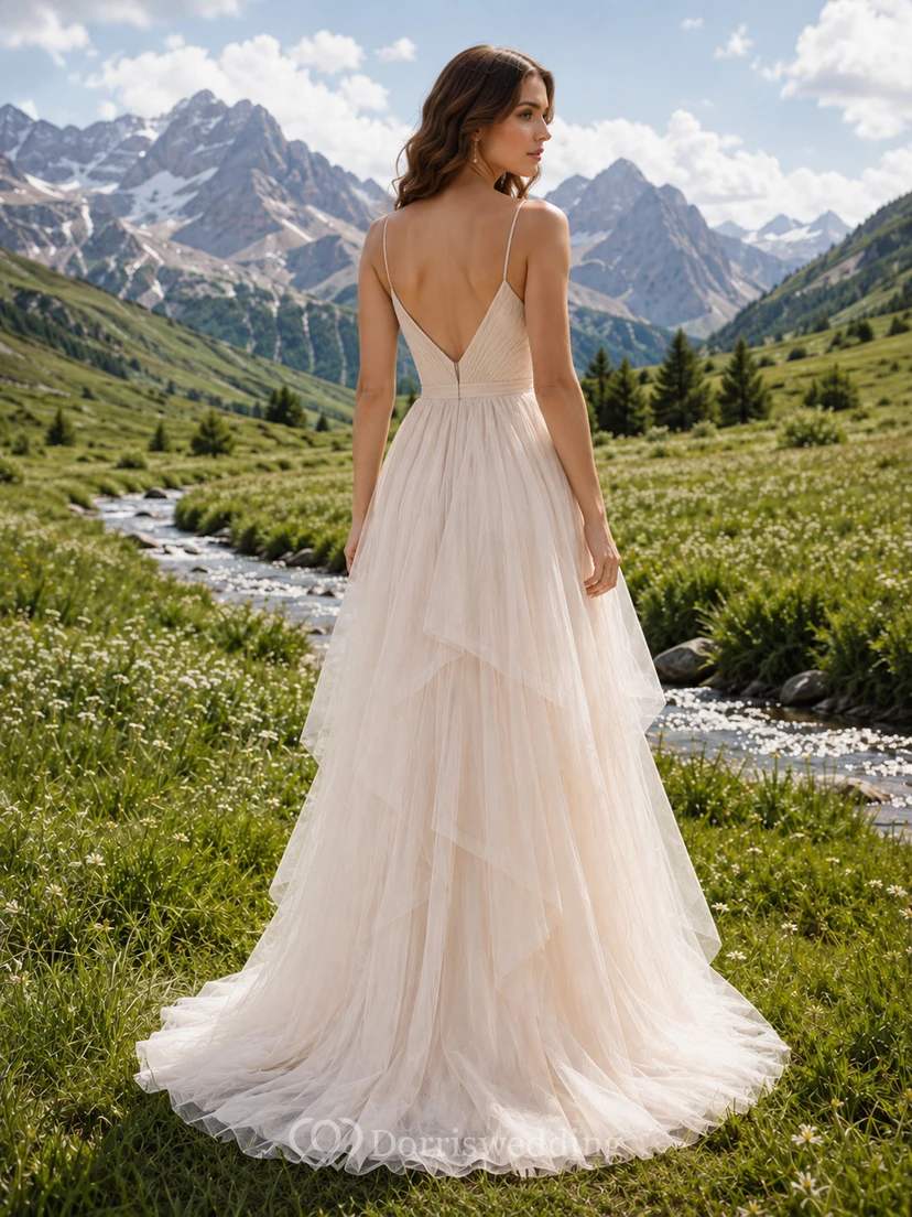 Layered Tulle Plunging V-Neck Alpine Meadow Elopement Gown view 2