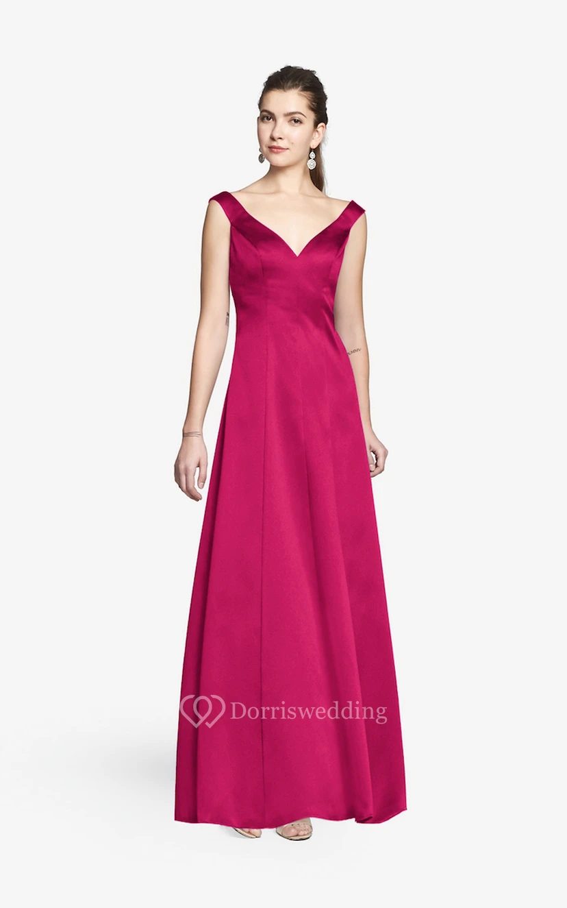 Simple V-neckline Floor-length Satin Dress With Cap Sleeves view 18