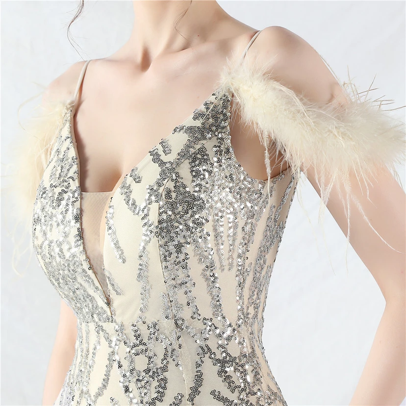 9-farbiges, handgefertigtes Abendkleid aus Kamelfedern, Netzstoff und Pailletten, sexy Trägern view 39