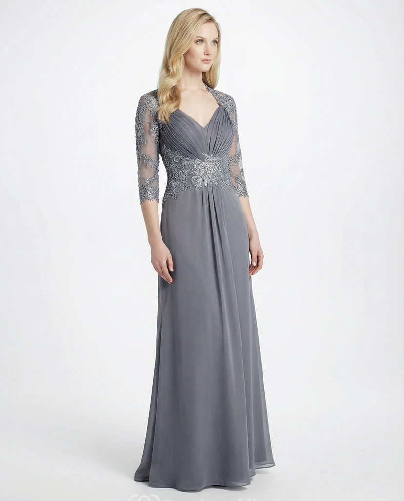 3/4 Sleeve Ruched Jersey V-Neck Gown