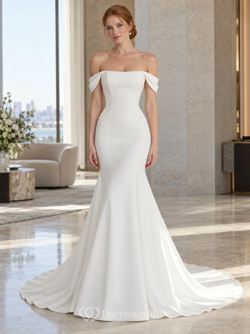 Simple Fit and Flare Off Shoulder Satin Train Wedding Dress