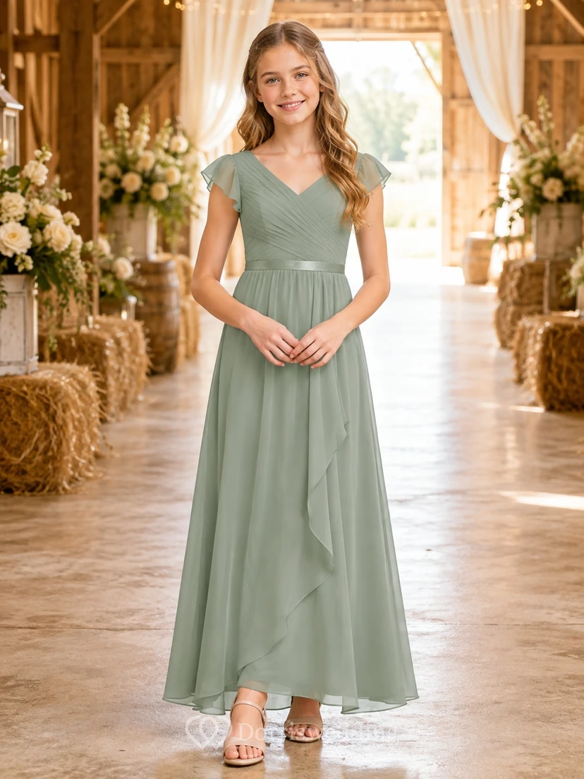 Celadonfarbenes Brautjungfernkleid für junge Damen, A-Linie, V-Ausschnitt, kurze Ärmel mit Rüschen, romantisch
