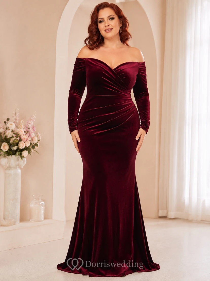 Burgunderfarbenes, schulterfreies, langärmeliges Meerjungfrauen-Abendkleid in Übergröße