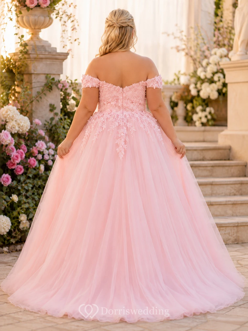 Prinzessinnenkleid in Übergröße, rosafarben, bodenlang, schulterfrei, kurze Ärmel, Tüllspitze, romantisch, luxuriös, für Abschlussball, Quinceañera oder Garten view 2