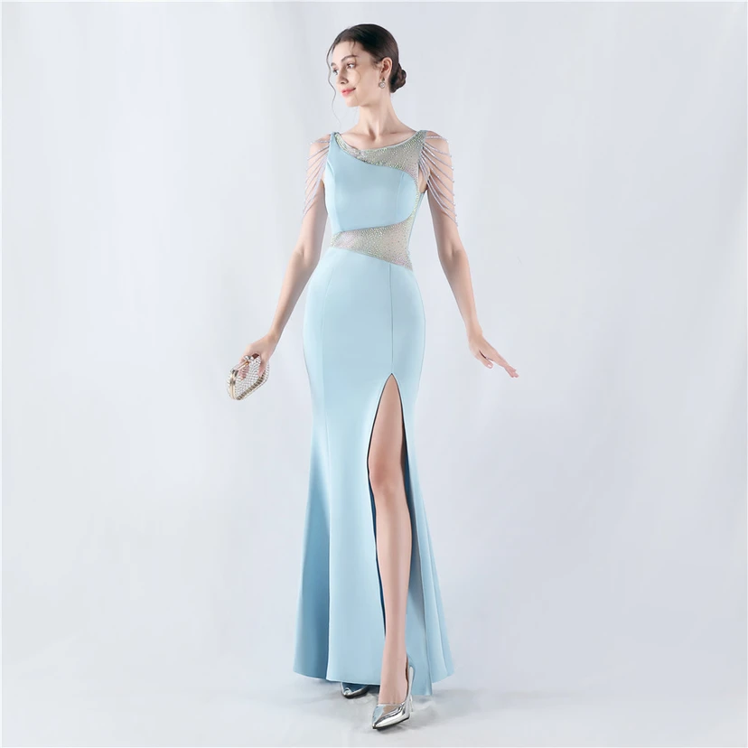 Heavy Hot Diamonds For Transparent Mesh High-Slit Satin Evening Dress Annual Meeting Wedding view 65