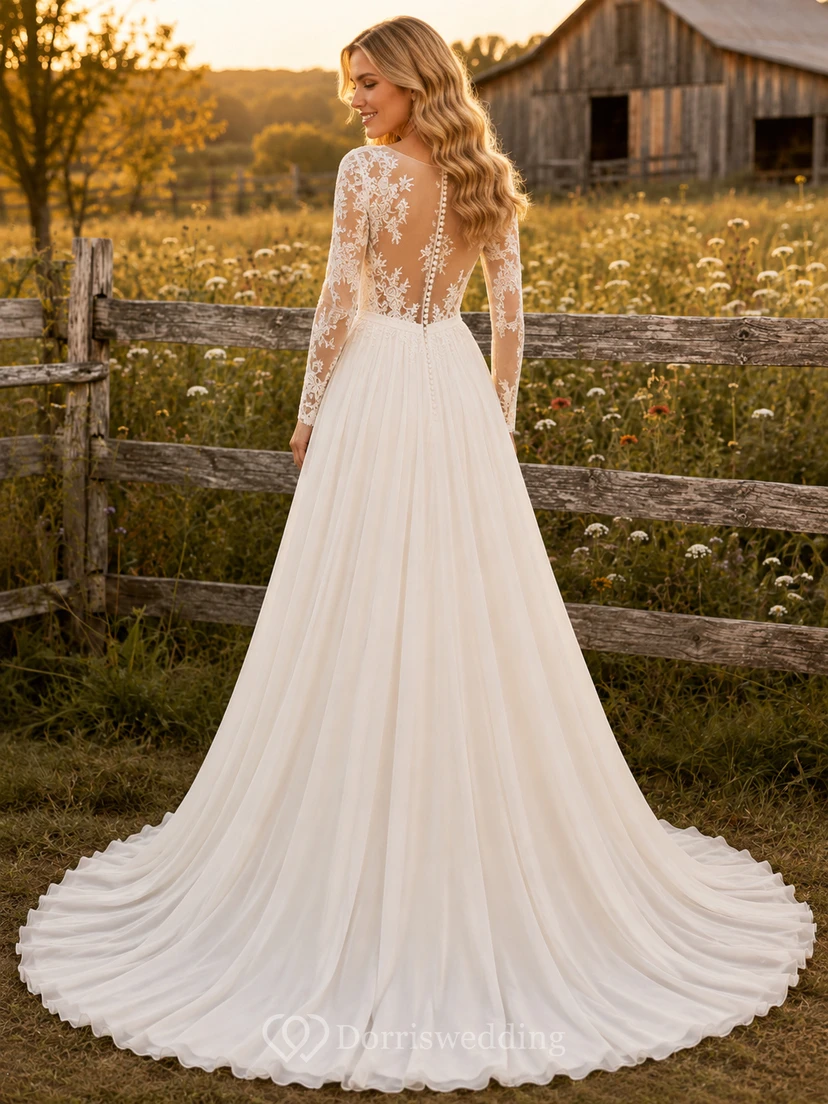 Vestido de novia de corte A con escote en V, mangas largas, encaje floral, botones, espalda en V profunda y cola de capilla. view 2