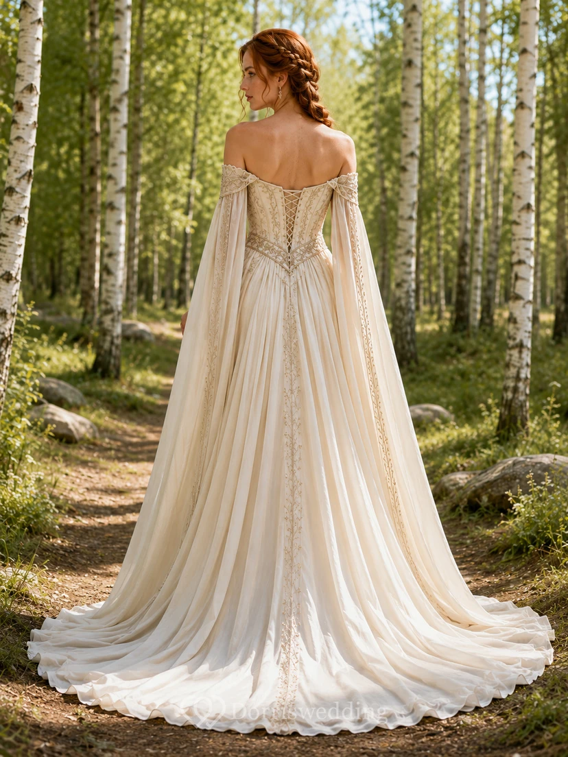Wikinger-inspiriertes schulterfreies Brautkleid mit herzförmigem Ausschnitt, Korsett, Stickereien, Chiffon, A-Linie und Kathedralenschleppe view 2