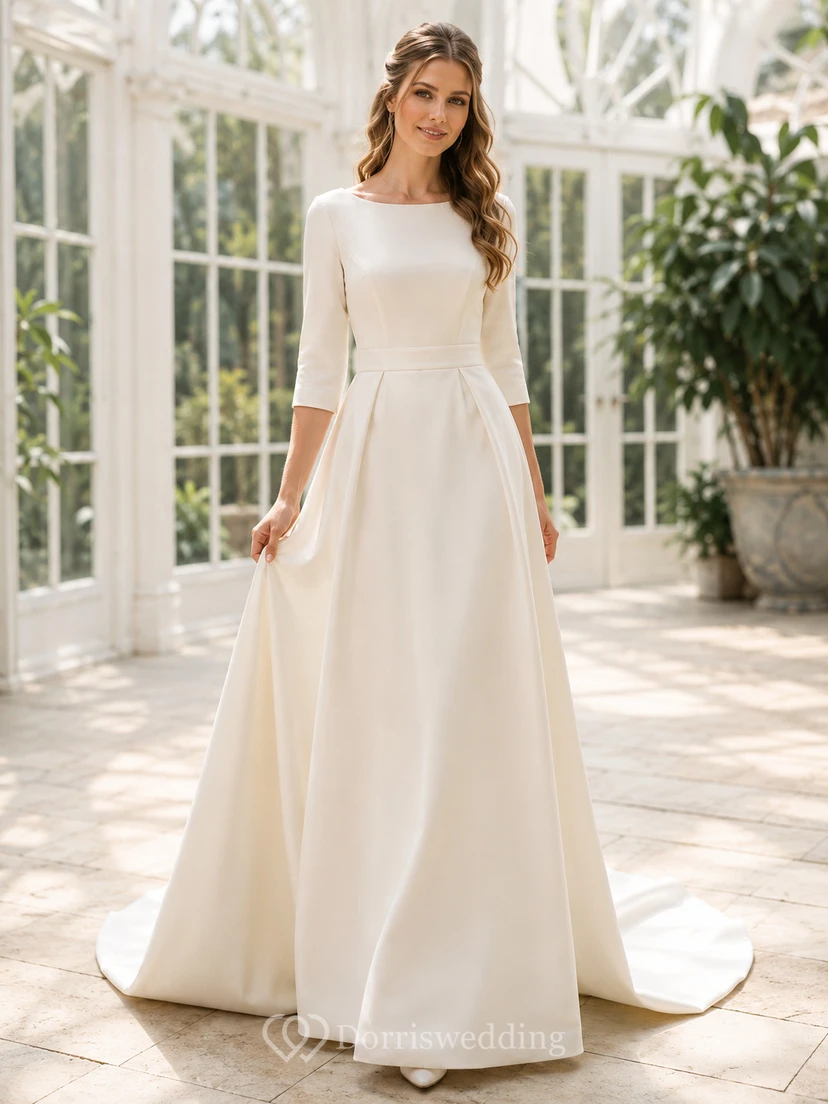 Minimal Bateau Neck Satin Wedding A Line Three Quarter Sleeve Chapel Train