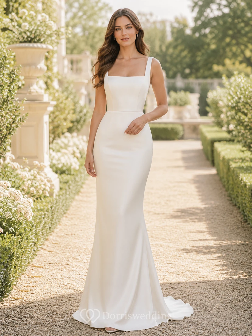 Robe de mariée sirène en satin plissé, dos nu, col carré et bretelles larges, fermeture éclair, traîne balayée, longueur au sol.