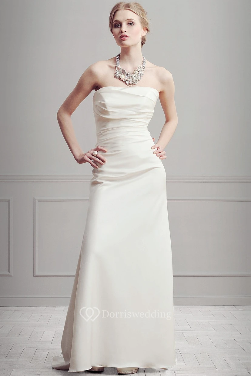 Sheath Strapless Floor-Length Ruched Sleeveless Satin Wedding Dress view 3