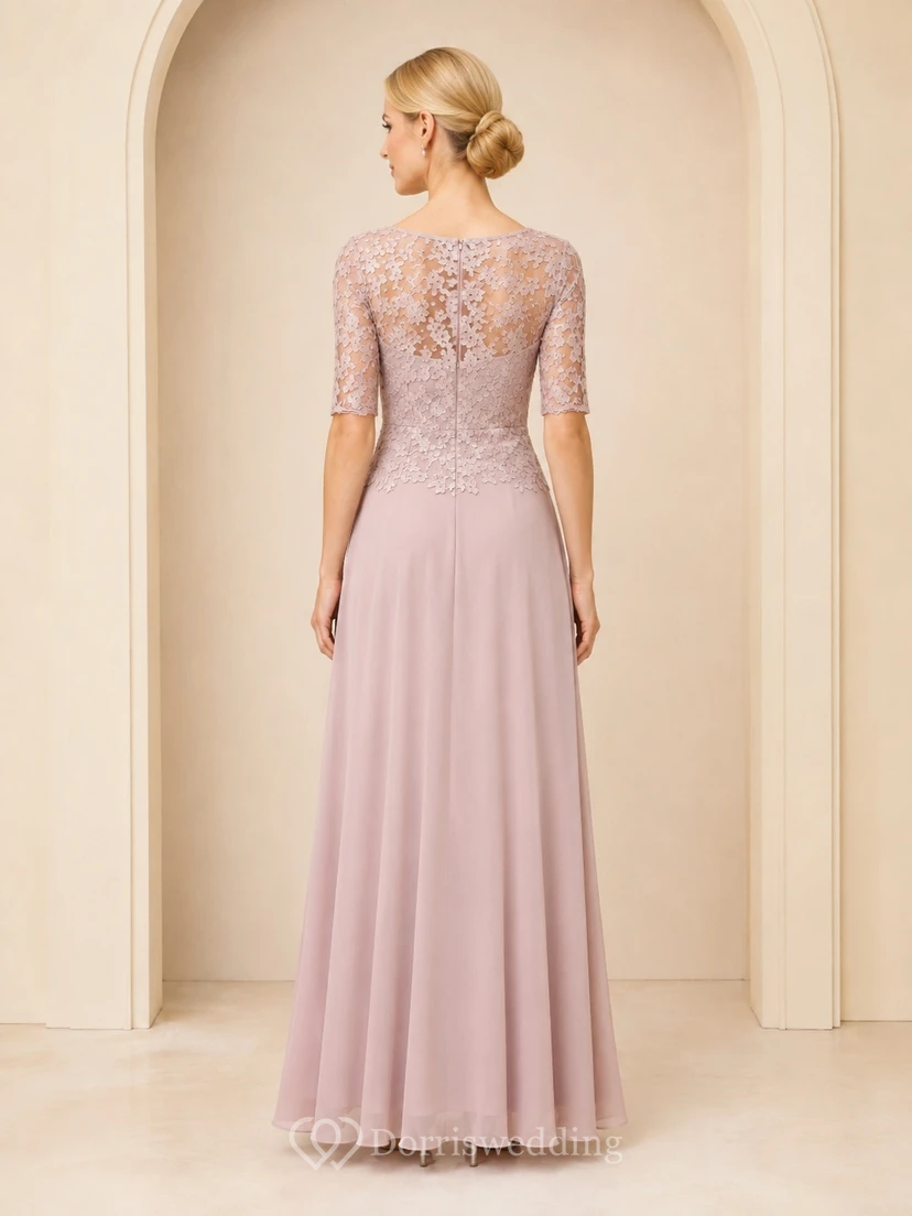 Abendkleid in Altrosa mit Dreiviertelärmeln, A-Linie und bodenlang view 2
