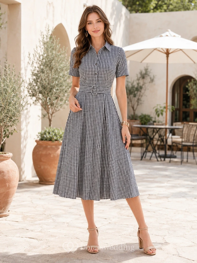Gray Short Sleeve V-Neck Tea-Length A-Line Casual Dress