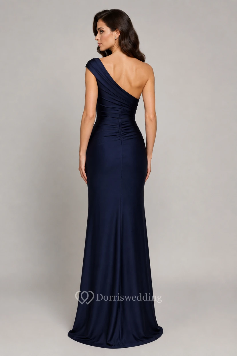 Robe de soirée sirène asymétrique en jersey bleu marine foncé avec encolure drapée view 2