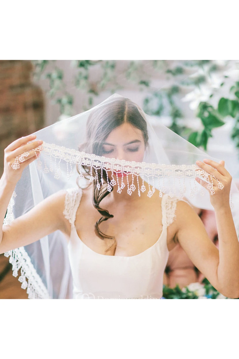 Boho Tulle Wedding Veil with Lace Applique view 3