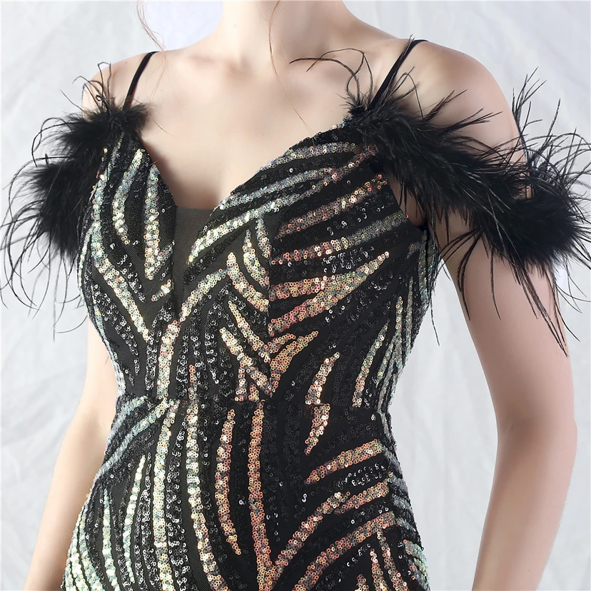 Crafted Ostrich Feather Stacked Sequins Splicing Mesh Gauze High-End Evening Dress Clothes view 19