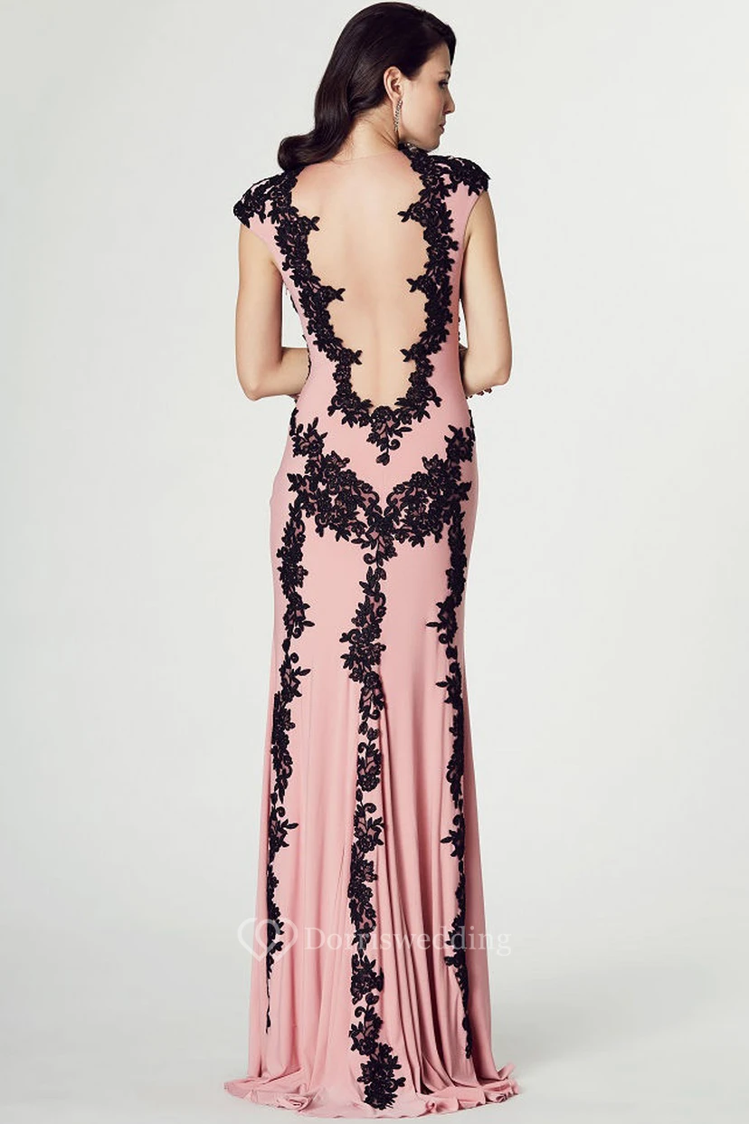 Sheath High Neck Cap Sleeve Appliqued Chiffon Prom Dress view 2