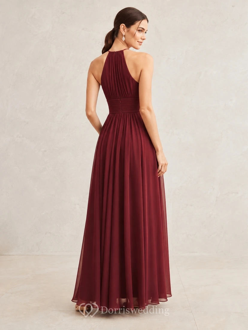 Burgundy High Neck Sleeveless Chiffon Empire Formal Dress view 2