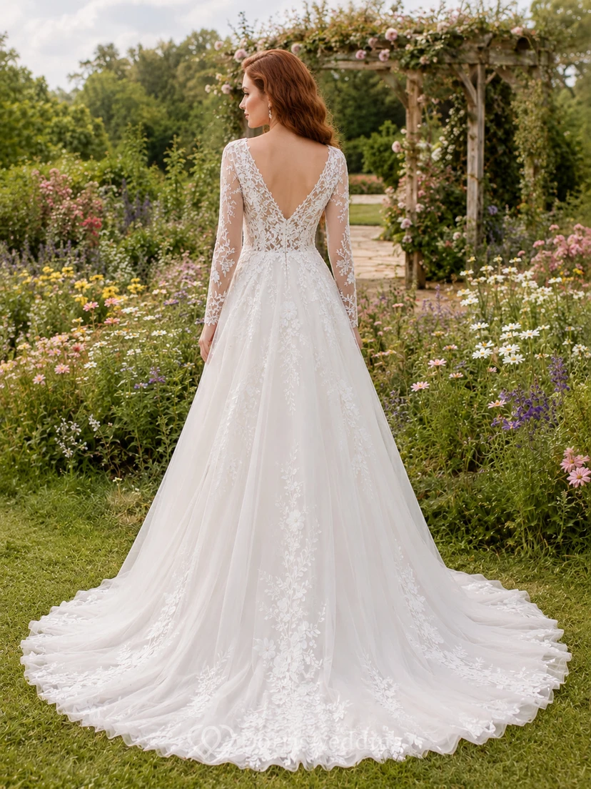 Brautkleid aus Spitze, A-Linie, herzförmiger Schnitt, lange Ärmel, Schleppe, tiefer V-Ausschnitt am Rücken view 2