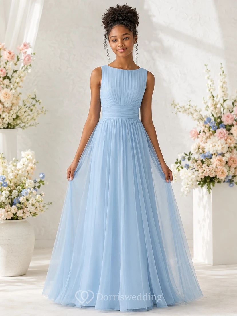Vestido azul cielo para dama de honor junior, corte en A, sin mangas, color joya.