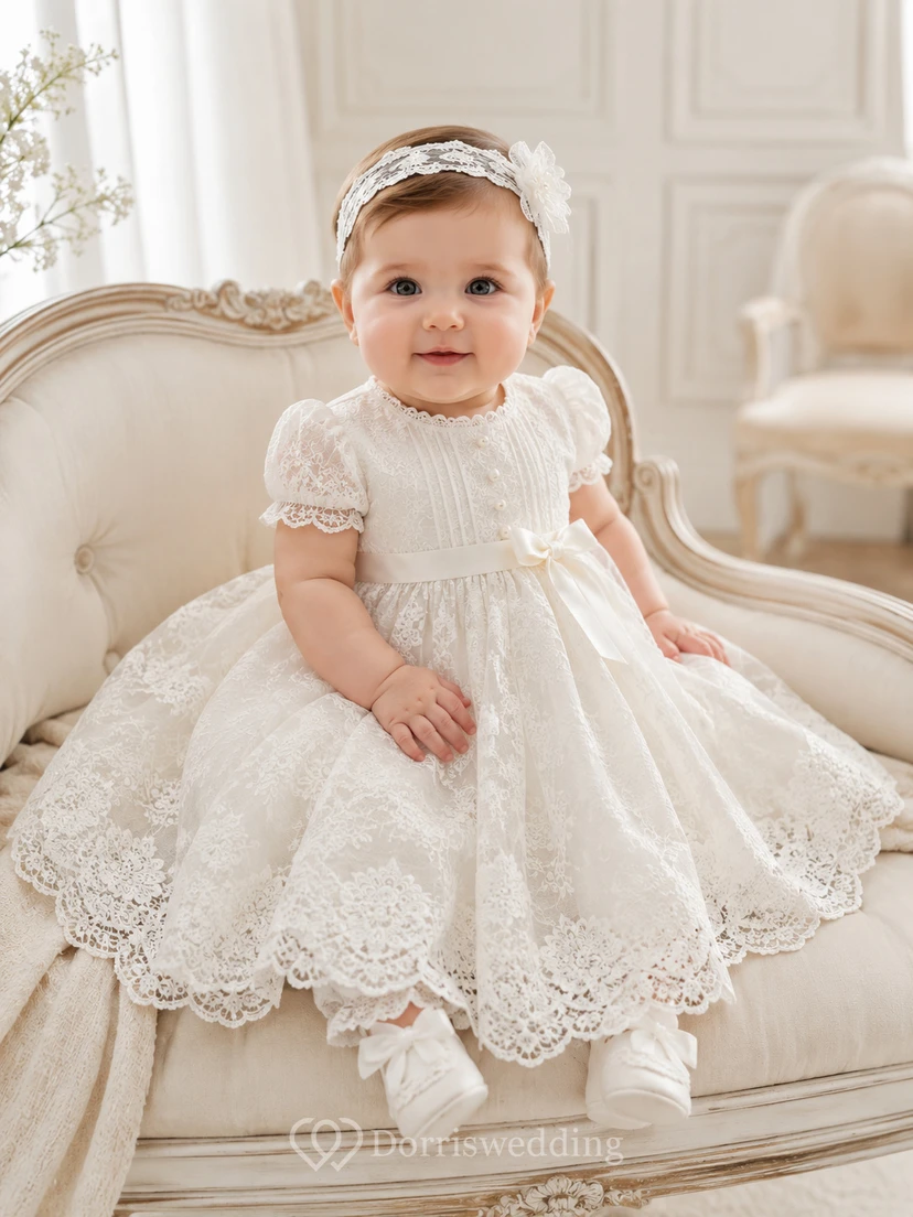 Baby Baptism Christening Ceremony Dress A-Line Tea-Length Jewel Neck Cap Sleeve Tulle Lace Button Back Scalloped Hem