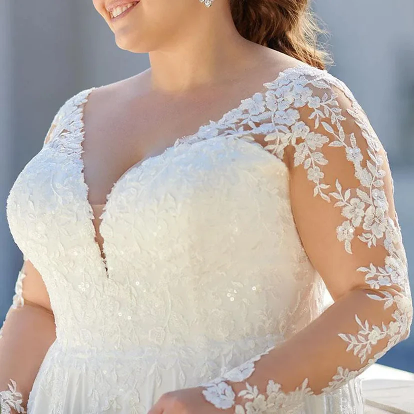 Plus-Size Lace A-Line Wedding Dress with Long Sheer Sleeves view 3