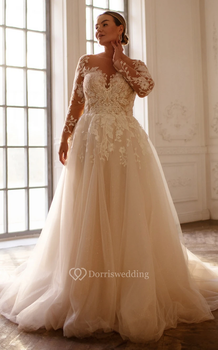 Robe de bal sexy grande taille en dentelle bateau, tulle illusion, coupe trapèze, traîne balayée et appliques video preview