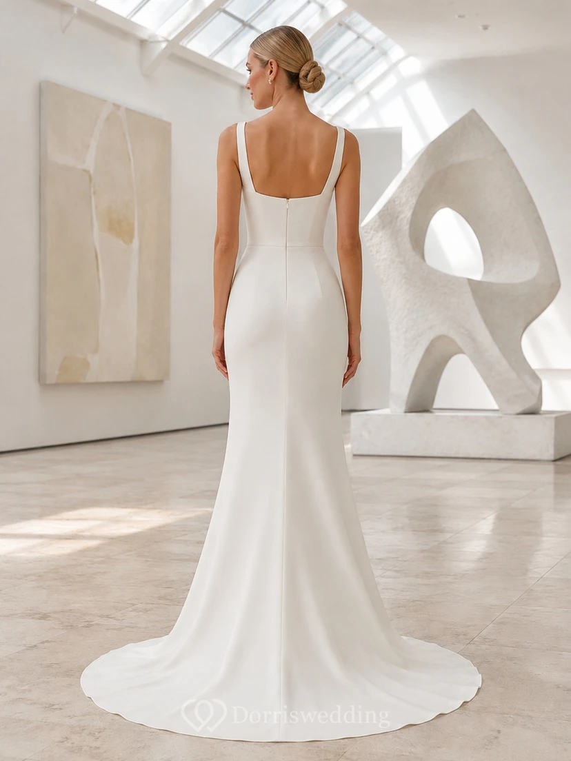 Minimalistisches Brautkleid aus Crêpe mit eckigem Ausschnitt, Trägern und Schleppe view 2