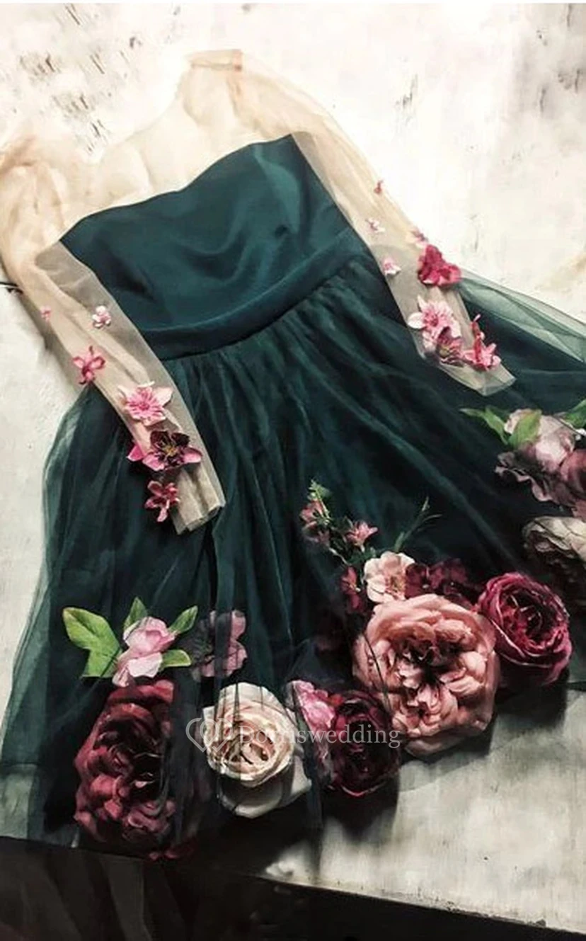 Cute Illusion Long Sleeve Short Homecoming Blush Prom Dress with Floral Decoration view 4