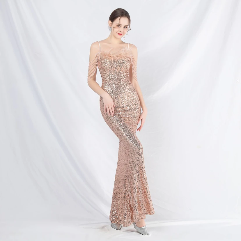 Craft Beaded Ostrich Feather Fantasy Sequined Long Evening Dress view 31