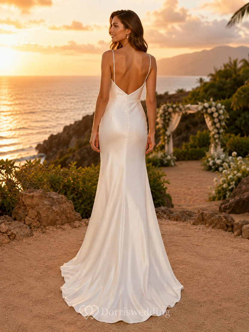 Robe de mariée fourreau en satin à fines bretelles et col bénitier, idéale pour une destination de plage view 2