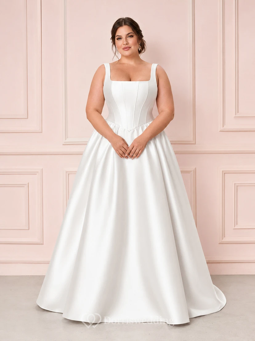 Plus Size Square Neck Satin Ball Gown Studio Bridal Dress