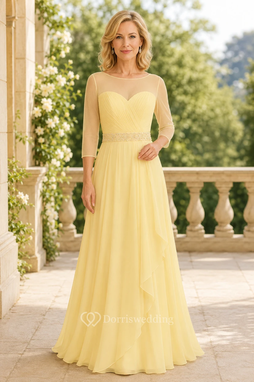 Daffodil Chiffon A-Line Mother Dress With 3/4 Sleeves
