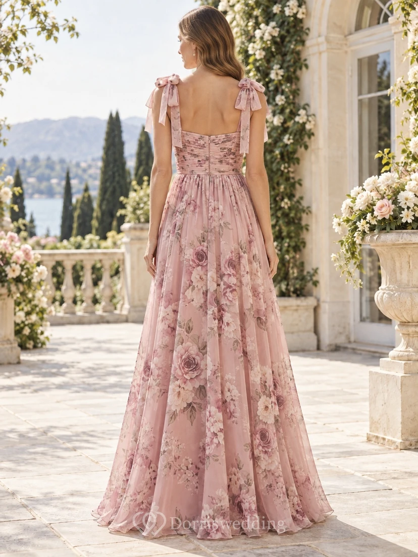 Vestido de dama de honor de gasa rosa rubor con lazo floral, tirantes, escote en V y largo hasta el suelo, corte en A. view 2