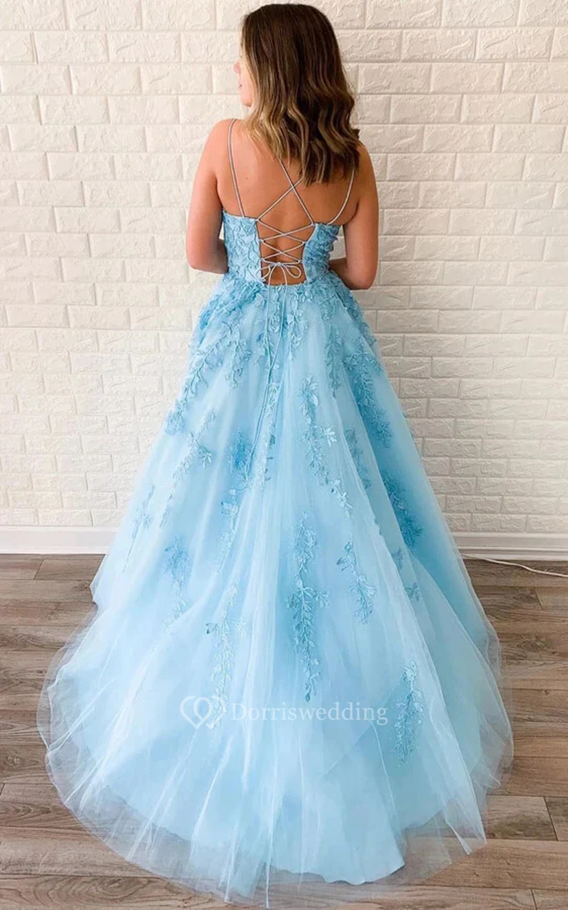 Spaghetti-Weißes Empire-Kleid in A-Linie mit Spitzenapplikationen und Tüll view 7