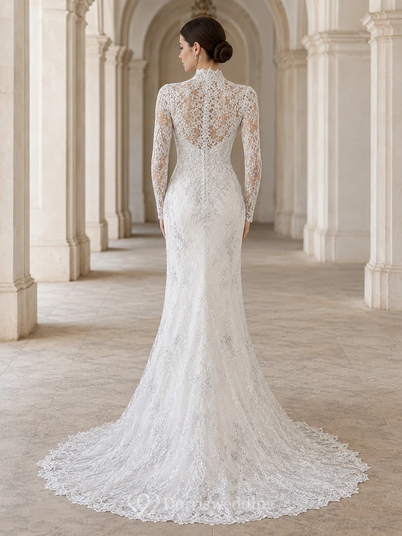 Silbernes, hochgeschlossenes Meerjungfrauen-/Trompetenkleid mit hohem Kragen, langen Ärmeln, bodenlanger Schleppe und schlichtem Design view 2