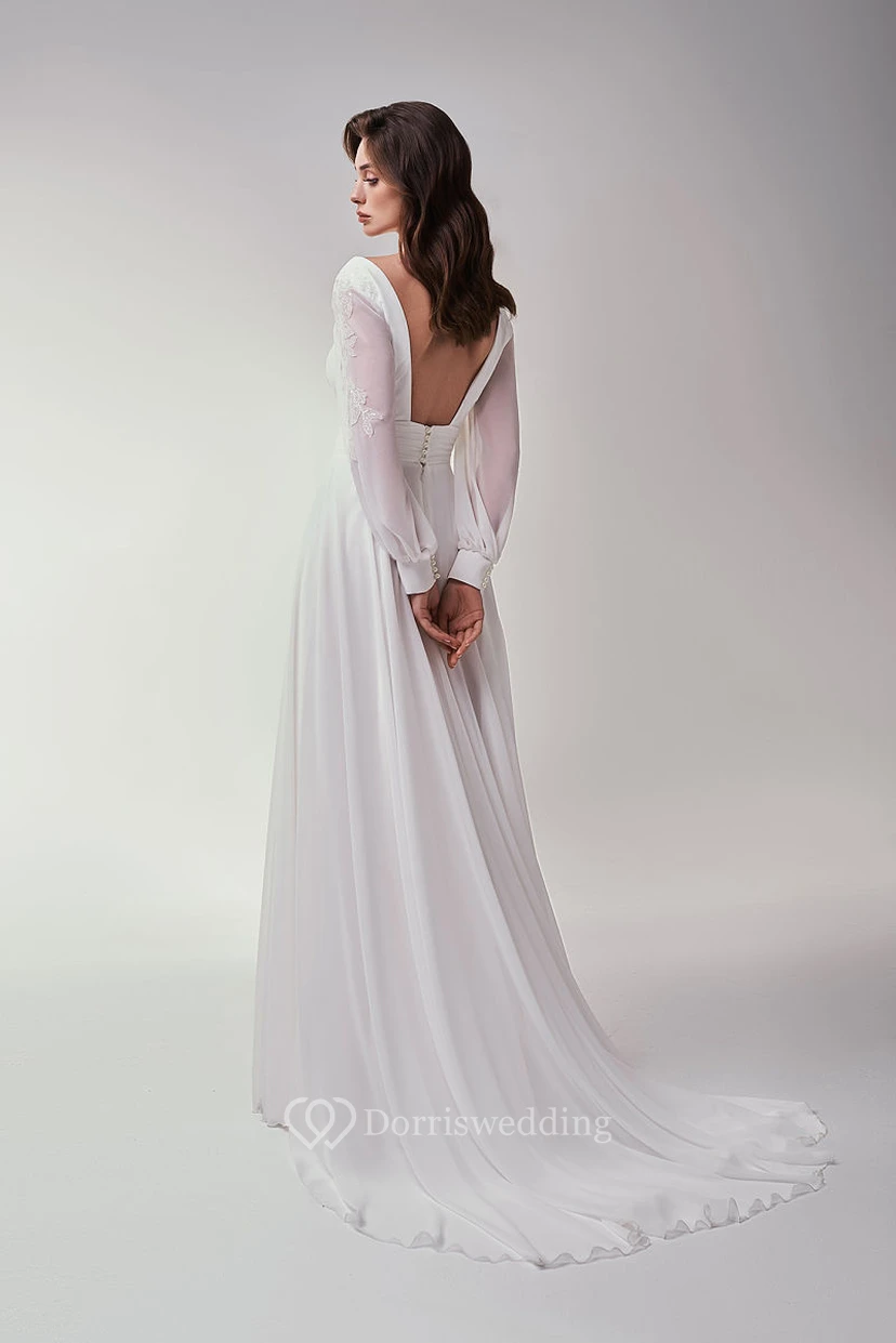 Vestido de novia de gasa con escote en V, manga larga y abertura frontal, corte en A view 2