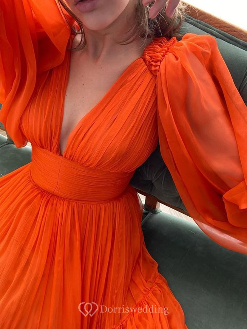 Sexy V-neck Puff Long Sleeve Chiffon Layered Empire Dress view 2