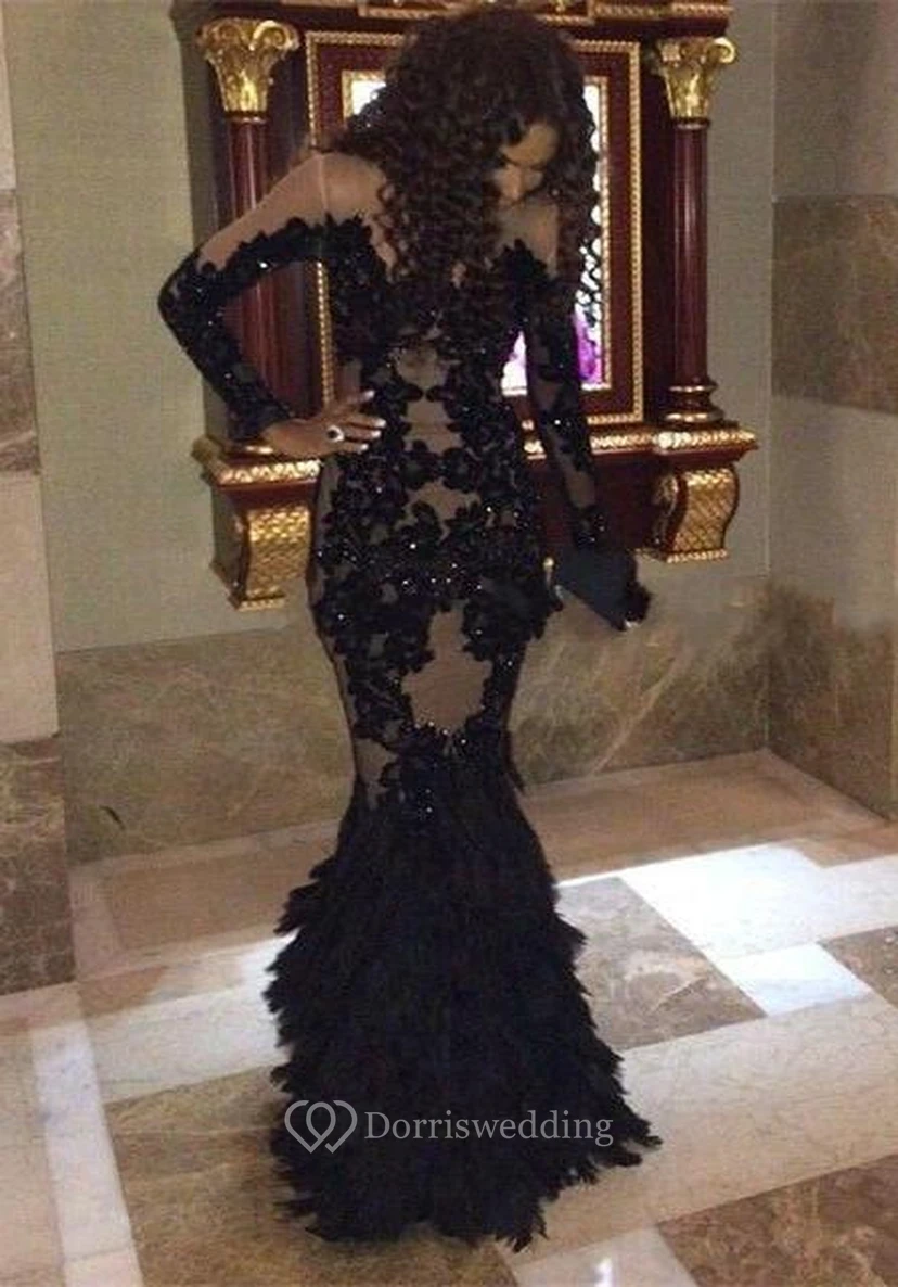 Sexy Black Mermaid Prom Dresses Long Sleeve Tulle Appliques