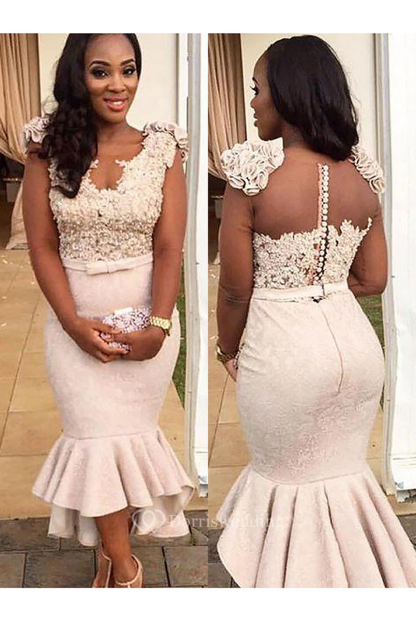 Mermaid Trumpet Satin Lace V-neck Short Sleeve Button Zipper Dress