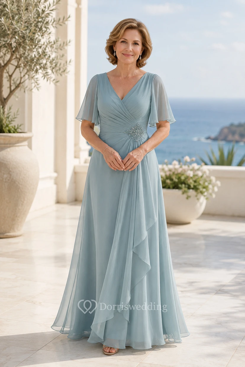 Himmelblaues Chiffon-Kleid in A-Linie mit V-Ausschnitt und Volantärmeln