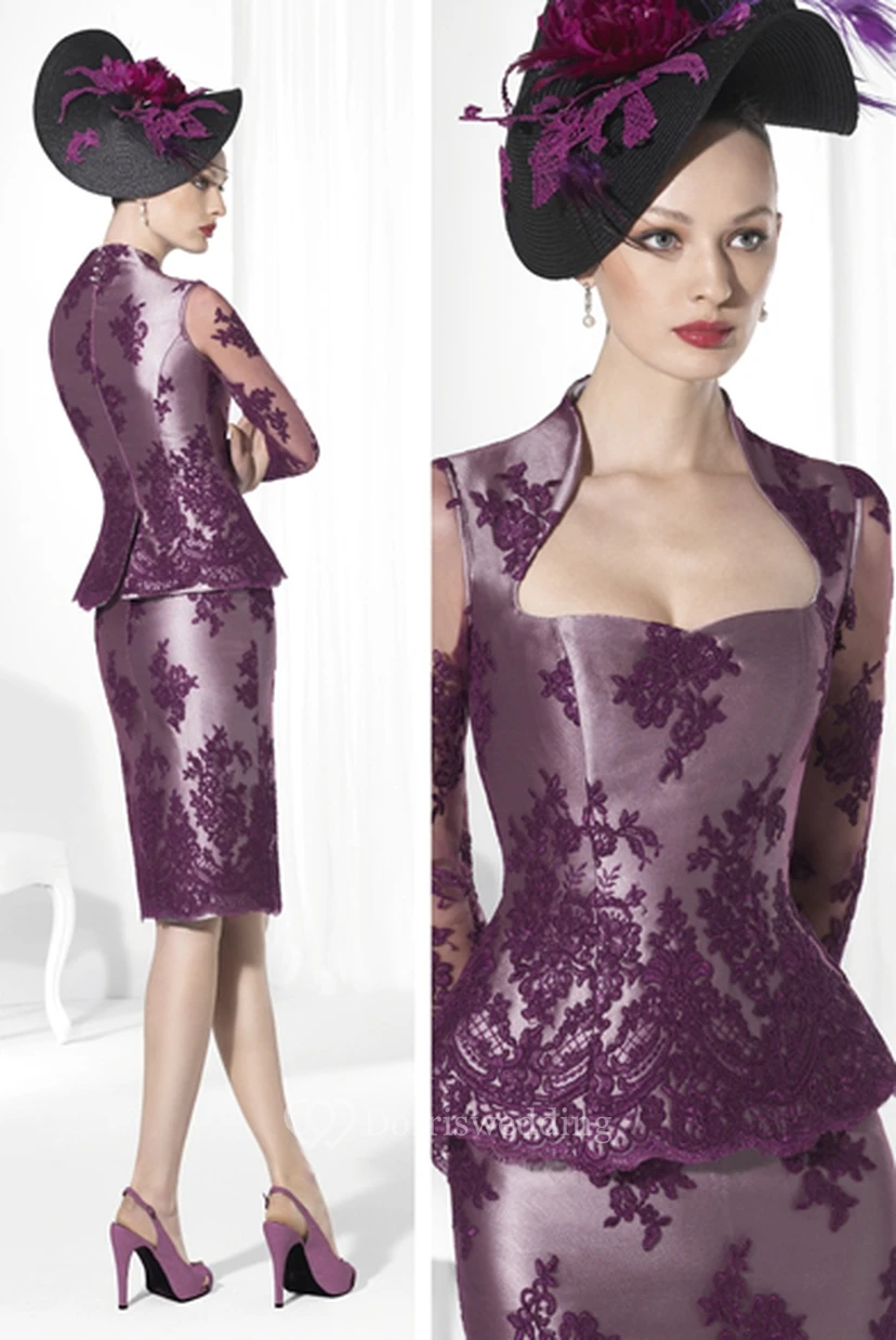 Pencil Long-Sleeve Knee-Length Bolero Square-Neck Satin&Lace Prom Dress With Appliques view 2