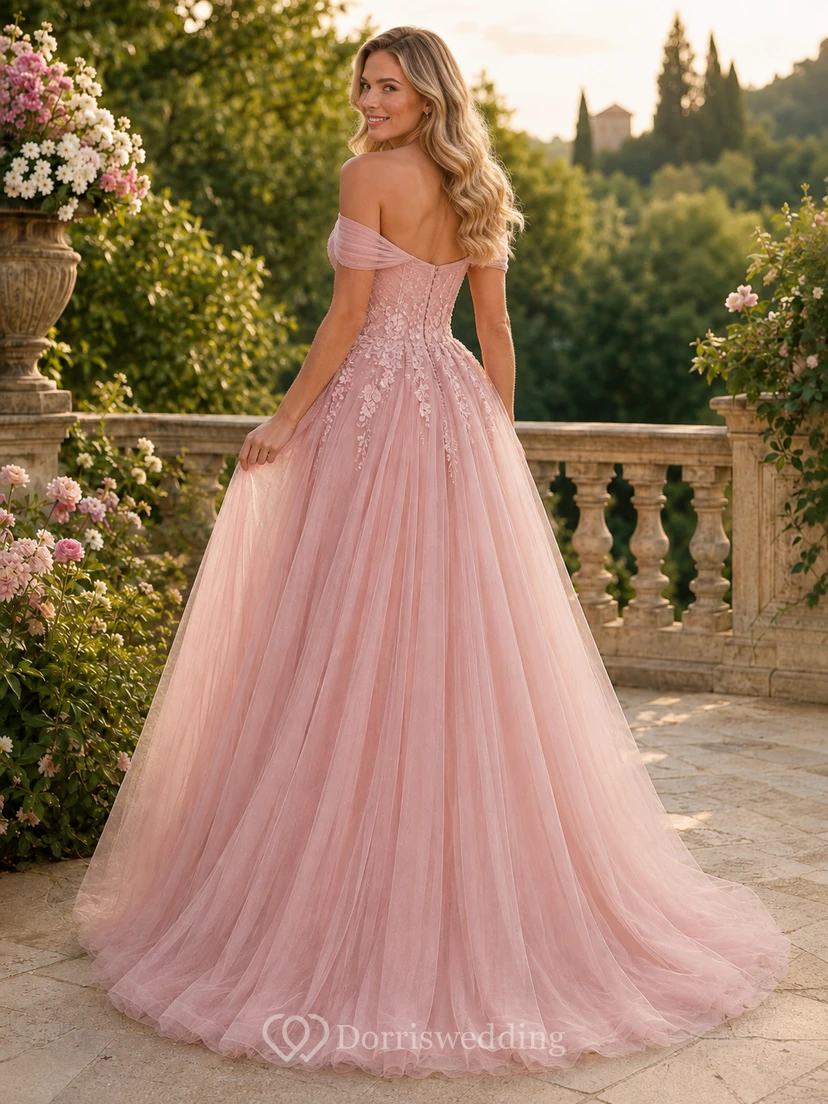 Blushing Pink Off-Shoulder Sweetheart Appliqued Tulle Romantic Ball Prom Gown view 2