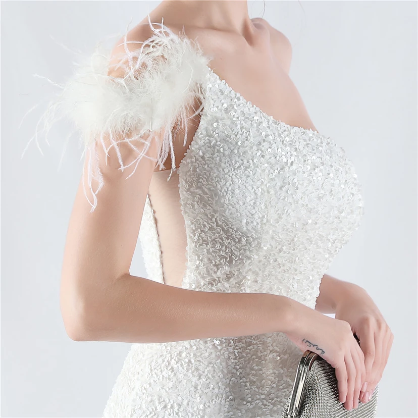 Gradient Velvet Bottom Sequins Craft Beading Ostrich Hair One-Shoulder Oblique Collar High-Slit Evening Dress view 10