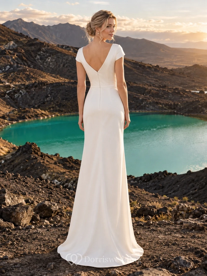 Schlichtes Brautkleid mit V-Ausschnitt, kurzen Ärmeln, drapiertem Etuikleid und tiefem Rückenausschnitt view 2