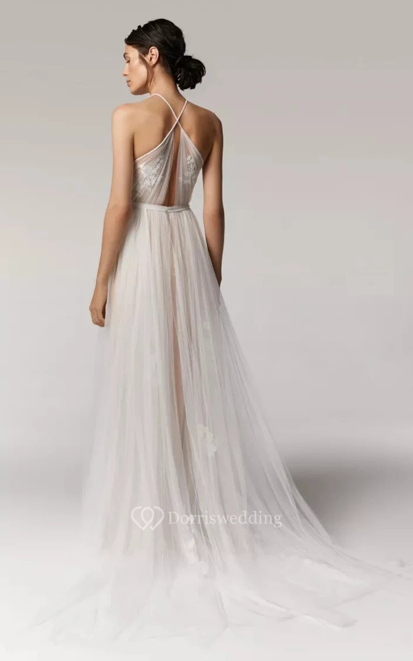Ärmelloses, trägerloses Tüll-Hochzeitskleid im Empire-Stil mit Falten und Applikationen view 2