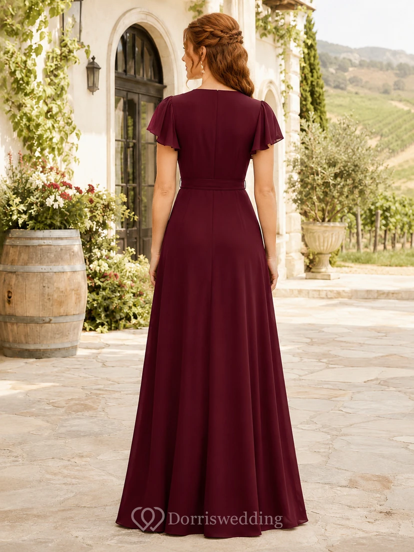Burgundy Countryside Winery Wedding Guest Bridesmaid Evening Formal Dress A-Line Floor-Length V-Neck Short Sleeve Chiffon Zipper Back view 2