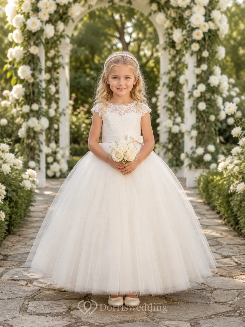 Flower Girl Dress Ivory Lace Tulle A-Line Short Sleeve Scoop Neck Tea Length
